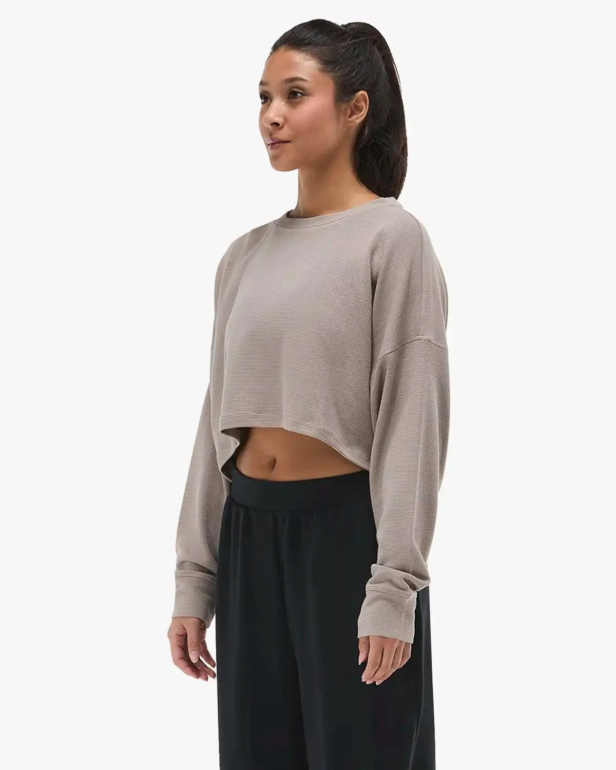 Women's Waffle Cropped Long Sleeve Crewneck - Walnut