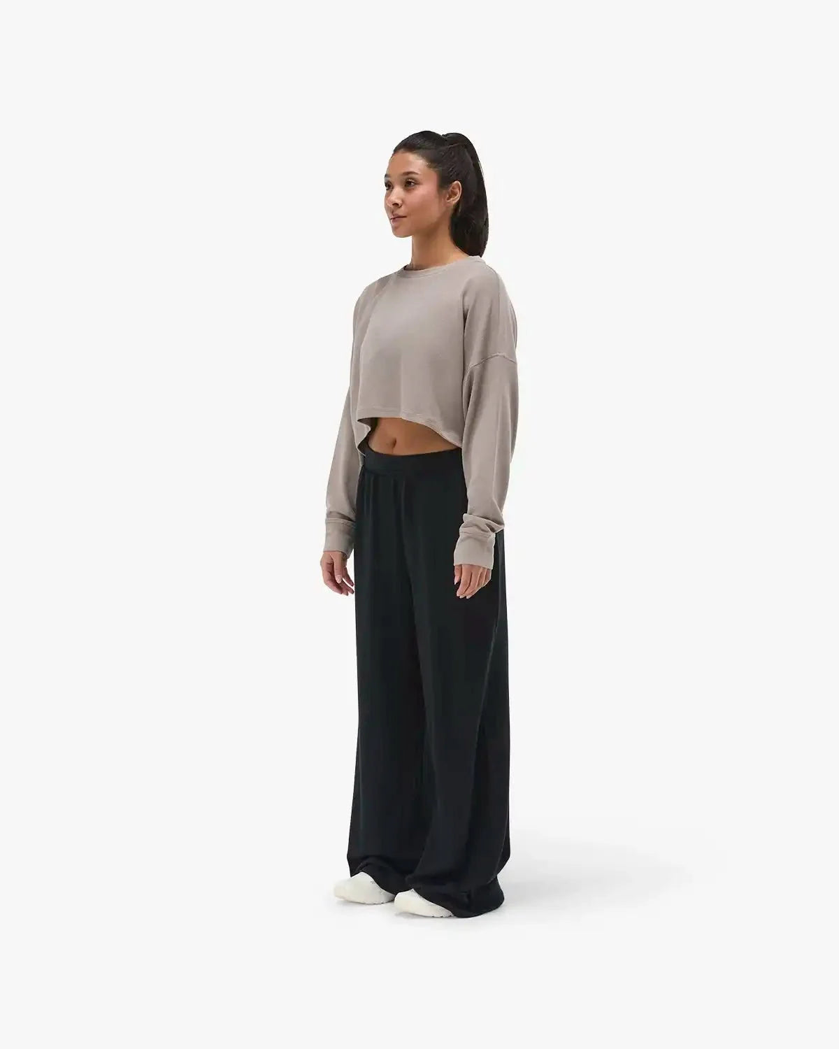 Women's Waffle Cropped Long Sleeve Crewneck - Walnut