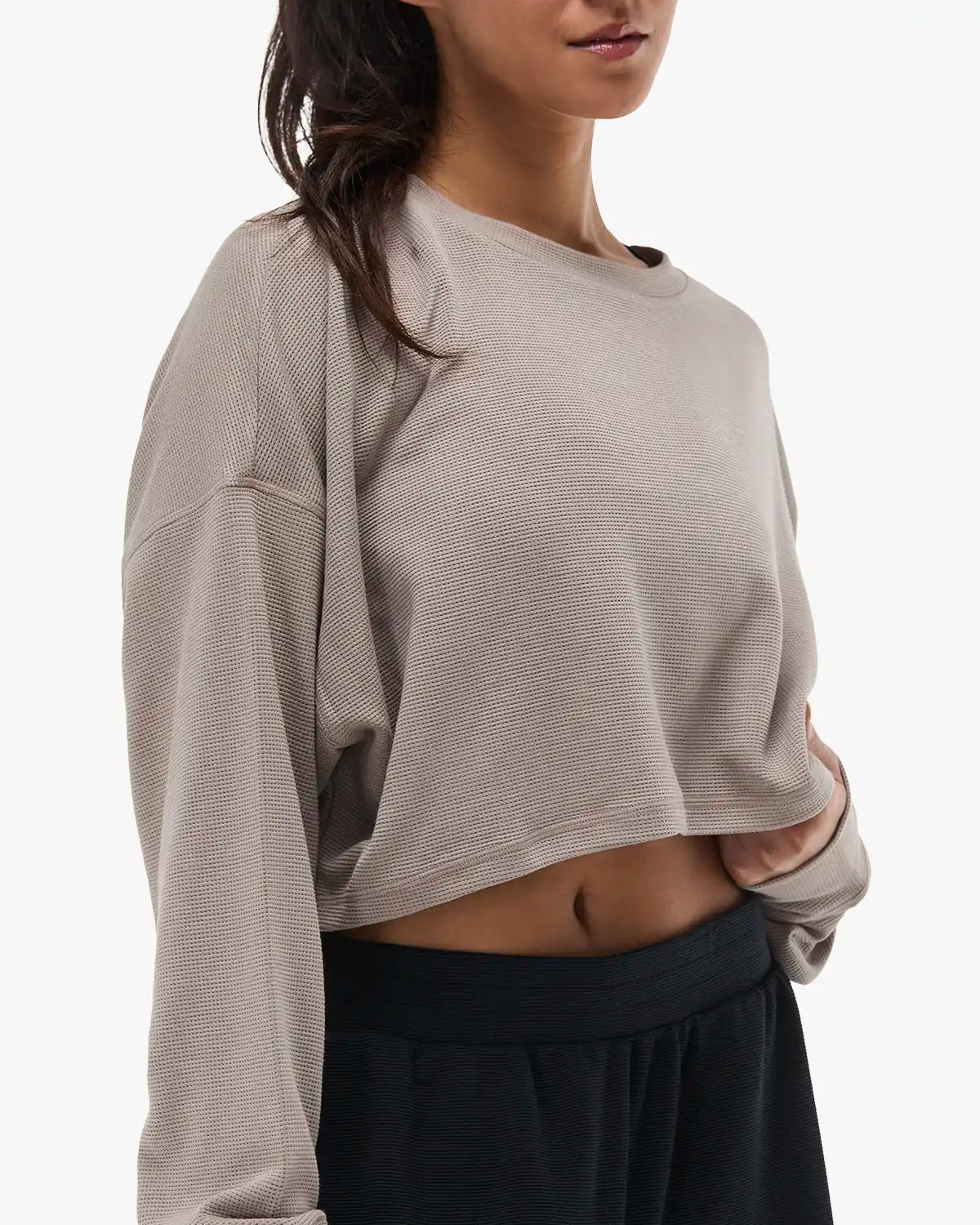 Women's Waffle Cropped Long Sleeve Crewneck - Walnut