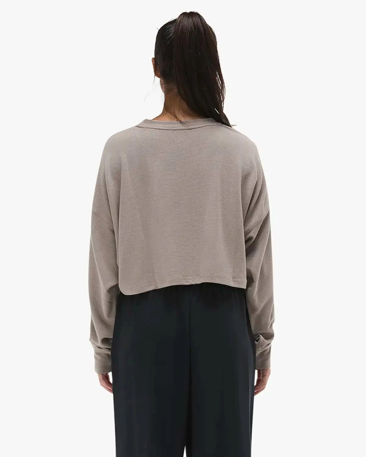 Women's Waffle Cropped Long Sleeve Crewneck - Walnut