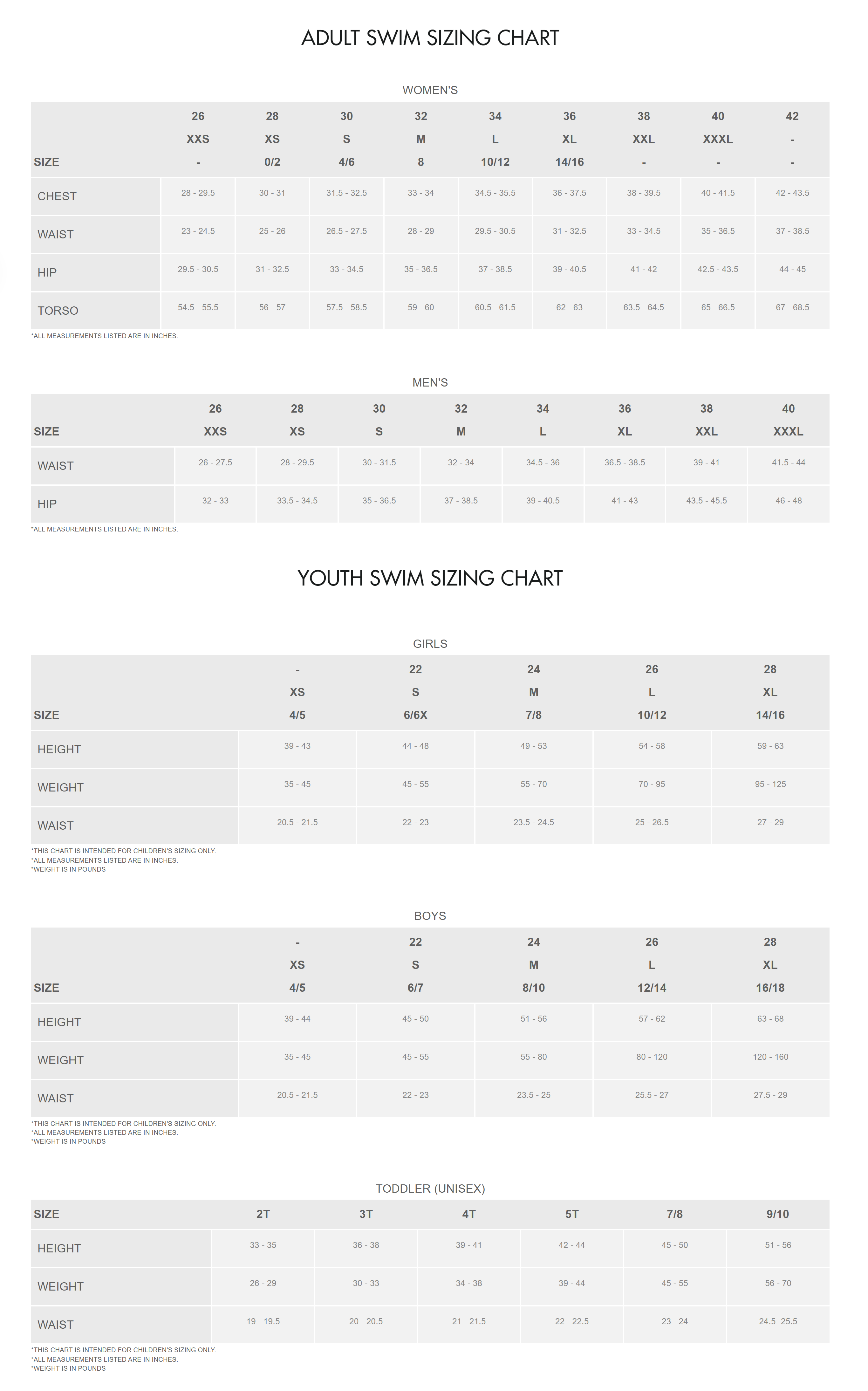 Tyr swim store size chart